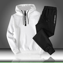 Load image into Gallery viewer, Conjuntos de treino dos homens outono inverno com capuz moletom drawstring outfit 2019 masculino terno pulôver duas peças conjunto casual