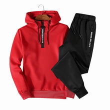 Load image into Gallery viewer, Conjuntos de treino dos homens outono inverno com capuz moletom drawstring outfit 2019 masculino terno pulôver duas peças conjunto casual