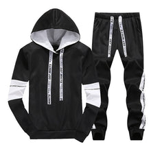 Load image into Gallery viewer, Conjuntos de treino dos homens outono inverno com capuz moletom drawstring outfit 2019 masculino terno pulôver duas peças conjunto casual