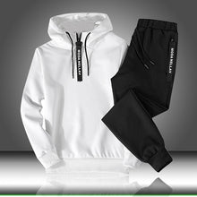 Load image into Gallery viewer, Conjuntos de treino dos homens outono inverno com capuz moletom drawstring outfit 2019 masculino terno pulôver duas peças conjunto casual
